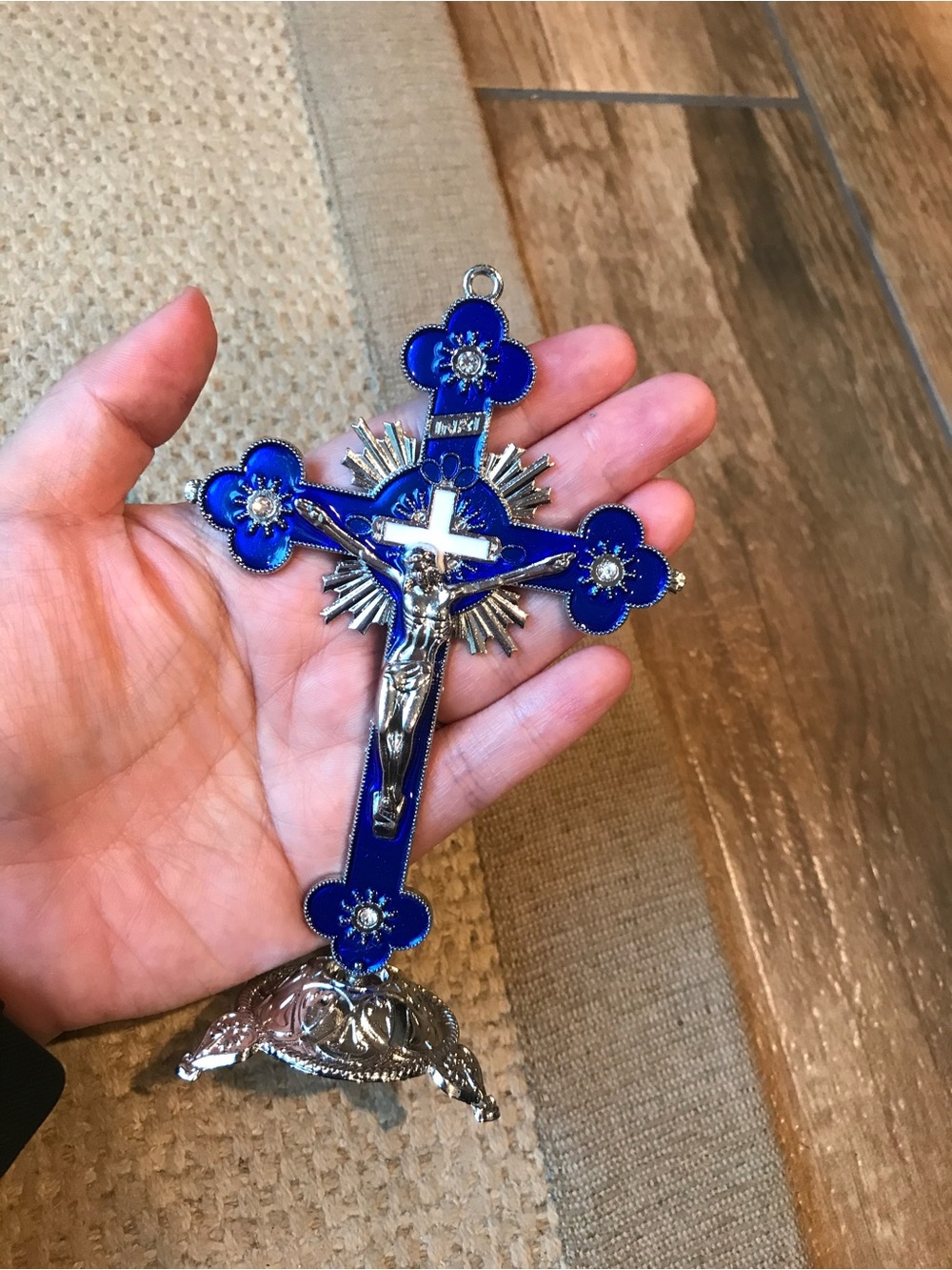 Blue Enamel Silver Crucifix Decorative Standing Cross